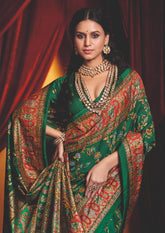 Dark Green Tussar Silk Paisley Print Saree